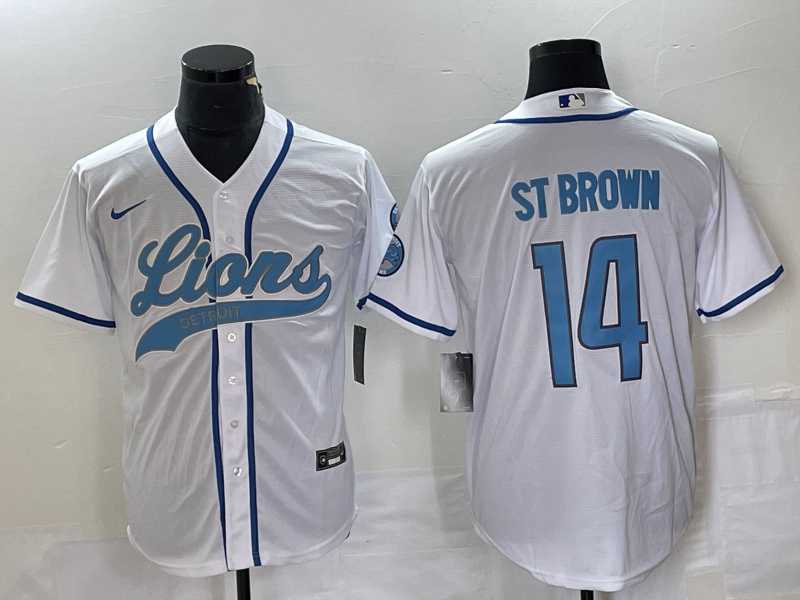 Men%27s Detroit Lions #14 Amon Ra St Brown White With Patch Cool Base Stitched Baseball Jersey